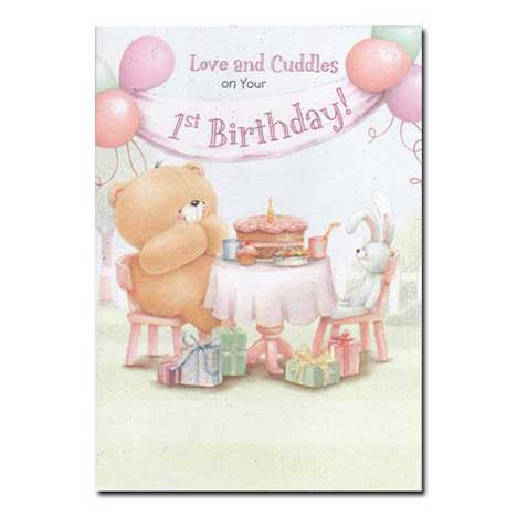 1st Birthday Love and Cuddles Pink Forever Friends Card
